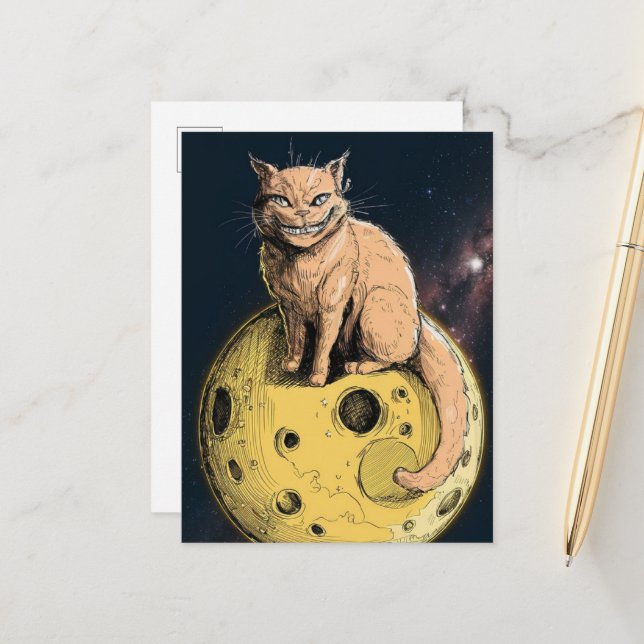 Ginger Cat Smiles on the Moon Postcard (Front/Back In Situ)