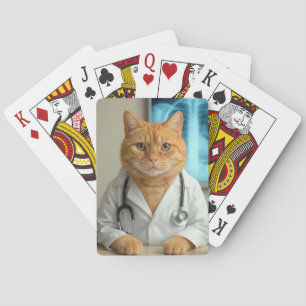 Ginger Cat Wearing a Doctor Lab Coat Playing Cards