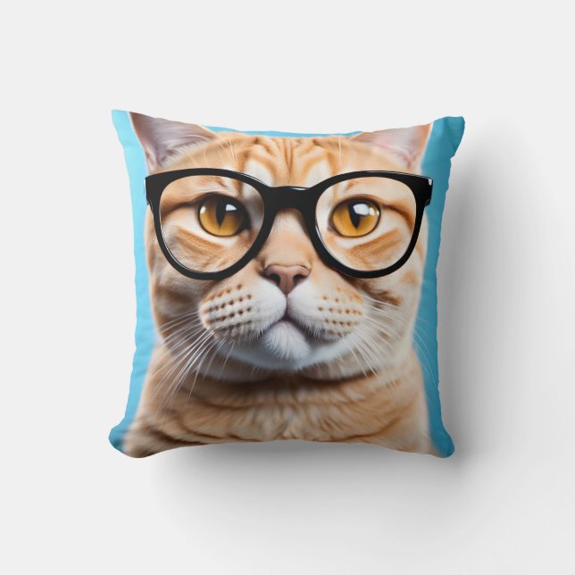 Ginger Cat Wearing Glasses Throw Pillow (Front)