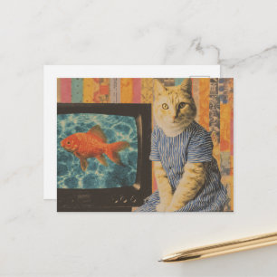 Ginger Cat With Goldfish on TV Retro Collage Postcard