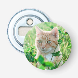 Ginger Cat with Green Eyes in Grass Bottle Opener