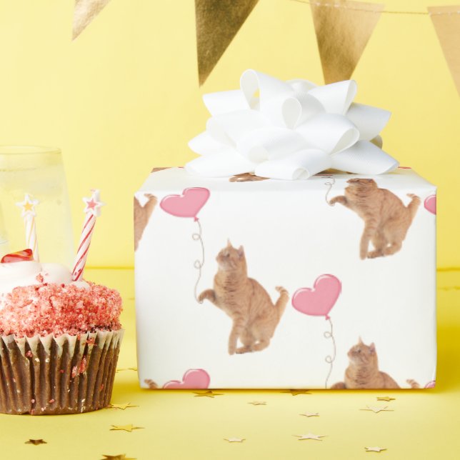 Ginger Cat With Pink Balloon Wrapping Paper (Birthday Party)