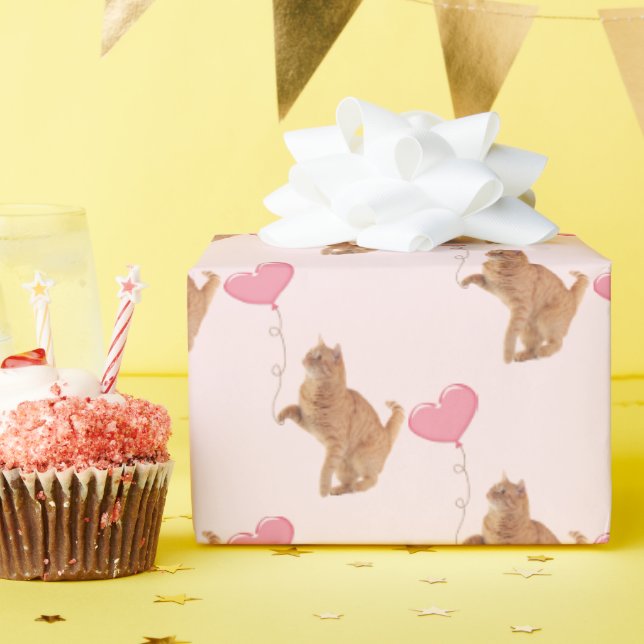 Ginger Cat With Pink Balloon Wrapping Paper (Birthday Party)