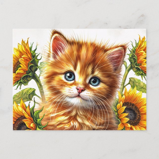 Ginger Cat With Sunflowers Watercolor Postcard (Front)