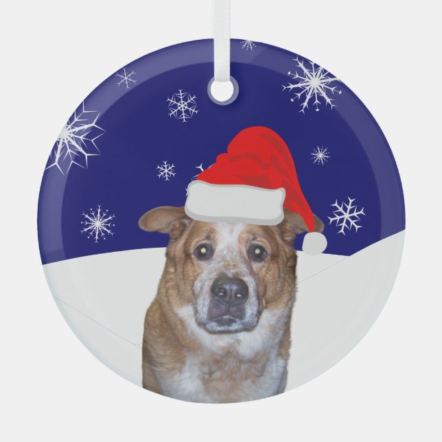 Ginger Dog in Santa Hat with Snowy Hills   Glass Ornament (Front)