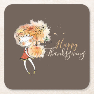 Ginger Girl with Pumpkin Thanksgiving  Square Paper Coaster
