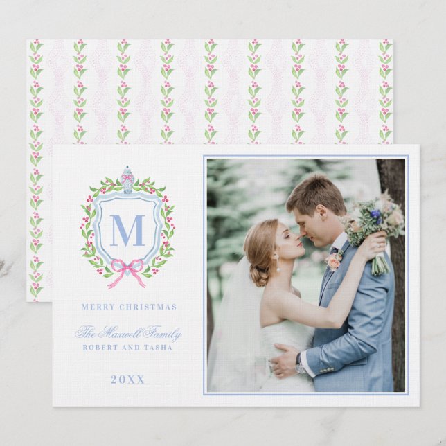 Ginger Jar & Christmas Berries Crest Monogram  Invitation (Front/Back)