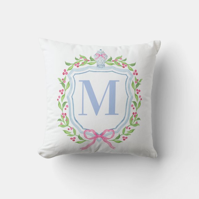 Ginger Jar & Christmas Berries Monogram Throw Pillow (Front)