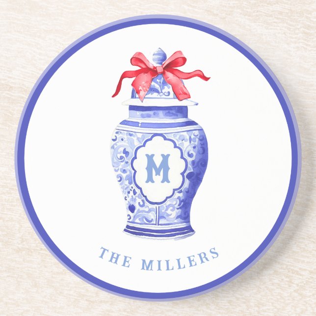 Ginger Jar Monogram | Red Bow Coaster (Front)