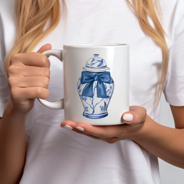 Ginger Jars Bows Chinoiserie Céramique Mug (Chinoiserie blue white ginger jar bow personalized mug)