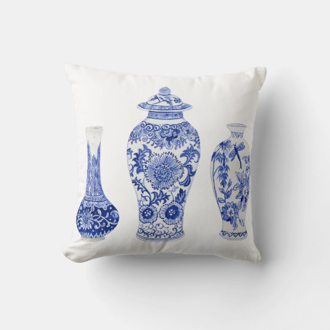 Ginger Jars Chinoiserie Blue and White Floral Vase Throw Pillow (Front)