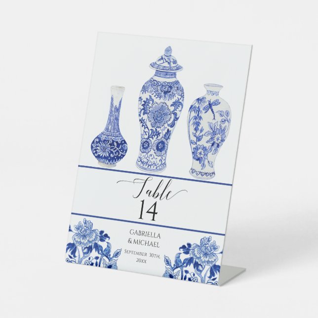 Ginger Jars Navy Blue White Bird Floral Wedding Pedestal Sign (Front)