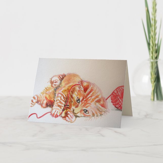 Ginger Kitten Cat Playing With Wool Birthday Card (Front)
