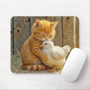 Ginger Kitten Hugging a Baby Chick Mouse Pad