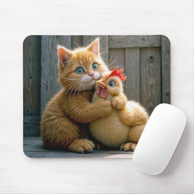 Ginger Kitten Hugging a Chicken Mouse Pad (With Mouse)