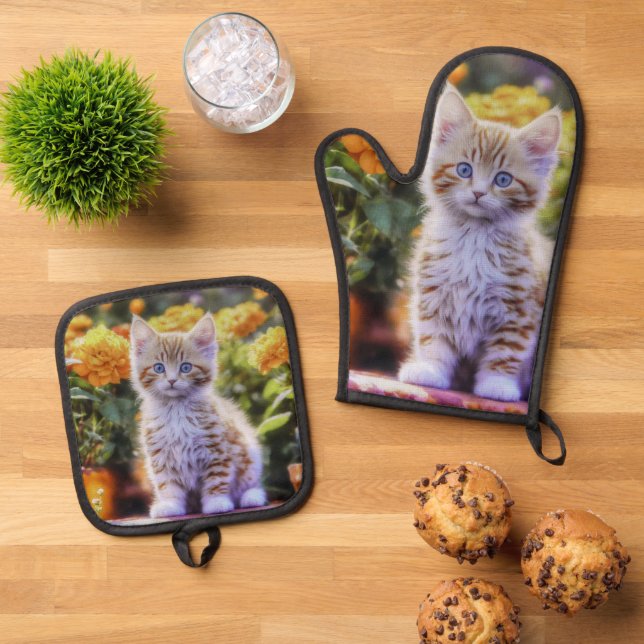 Ginger Kitten in a Flower Garden Oven Mitt & Pot Holder Set (Top Down)