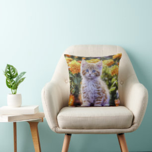 Ginger Kitten in a Flower Garden Throw Pillow