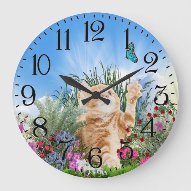 Ginger kitten playing with a butterfly large clock (Front)