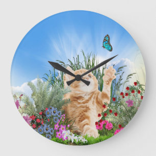 Ginger kitten playing with a butterfly large clock