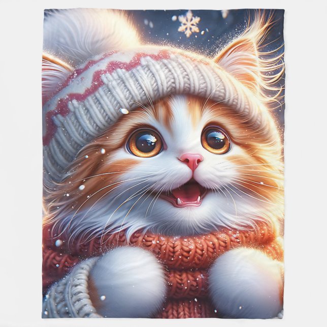 “Ginger Kitten’s First Snowfall" Fleece Blanket (Front)
