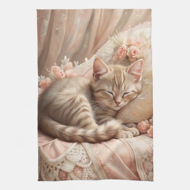 Ginger Kitten Sleeping (Shabby Chic) Kitchen Towel (Vertical)