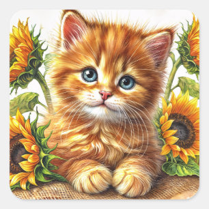 Ginger Kitten Sunflower Portrait Art Square Sticker