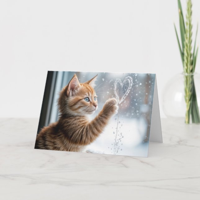 Ginger Kitten With A Frosty Window Heart Card (Front)