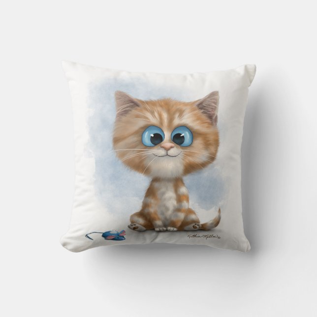 Ginger Kitten with Mouse Cartoon Throw Pillow (Front)