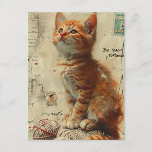 Ginger Kitten Yarn Collage Mixed Media Postcard