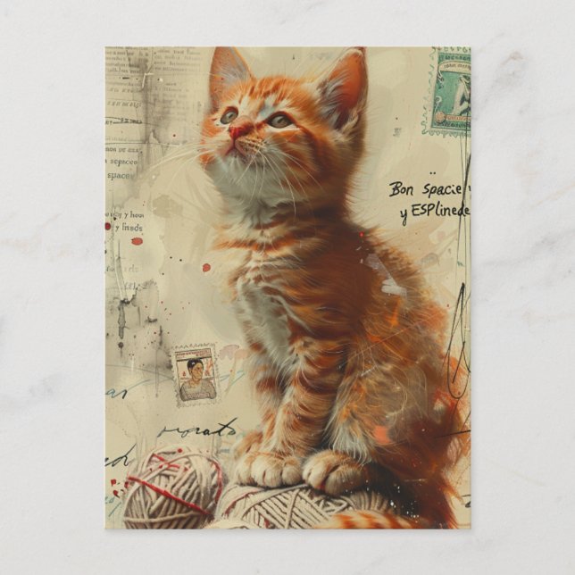 Ginger Kitten Yarn Collage Mixed Media Postcard (Front)