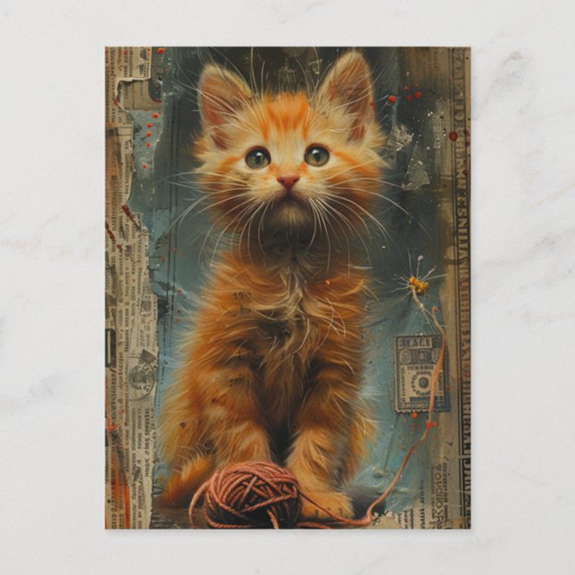 Ginger Kitten Yarn Collage Mixed Media Postcard (Front)