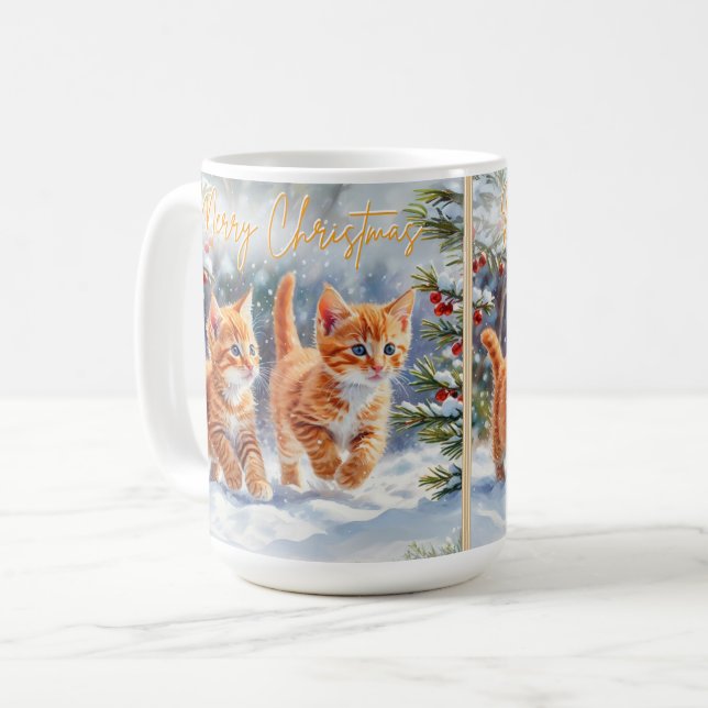 Ginger Kittens Cute Cats In Snow Merry Christmas Coffee Mug (Front Left)