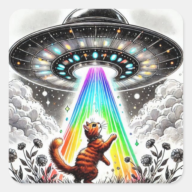 Ginger Kitty and UFO Square Sticker (Front)
