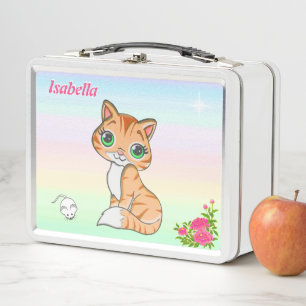 Ginger kitty cat, mouse & star on pastel colours metal lunch box
