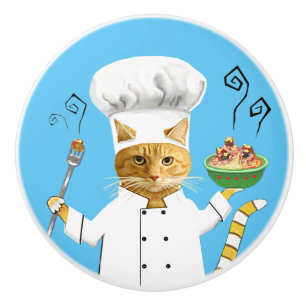 Ginger Kitty Chef on Blue Ceramic Knob