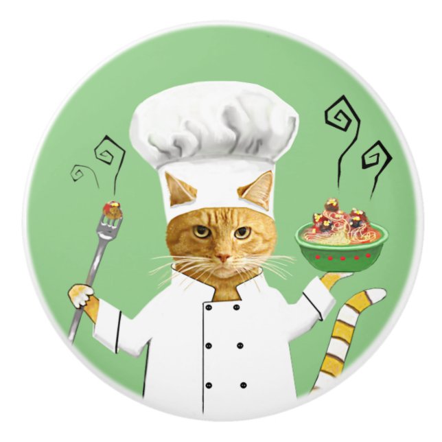 Ginger Kitty Chef on Green Ceramic Knob (Front)