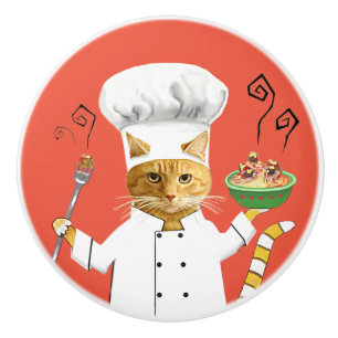 Ginger Kitty Chef on Red Ceramic Knob