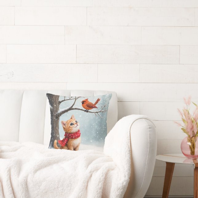 Ginger Kitty Watching a Winter Cardinal Throw Pillow (Couch)