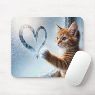 Ginger Kitty With Frosty Window Heart Mouse Pad