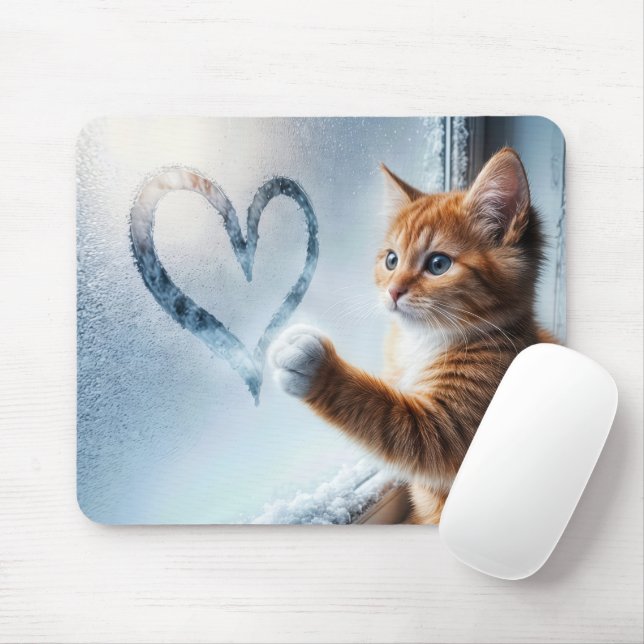 Ginger Kitty With Frosty Window Heart Mouse Pad (With Mouse)