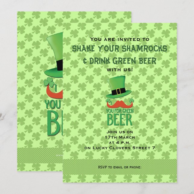 Ginger Mustache you green beer clover Invitation (Devant / Derrière)
