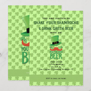 Ginger Mustache you green beer clover Invitation