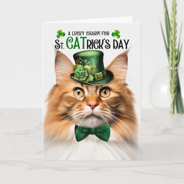Ginger Norwegian Forest Cat St CATrick's Day Holiday Card (Front)