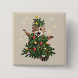 Ginger Orange Cat Christmas Tree Cute Xmas  2 Inch Square Button