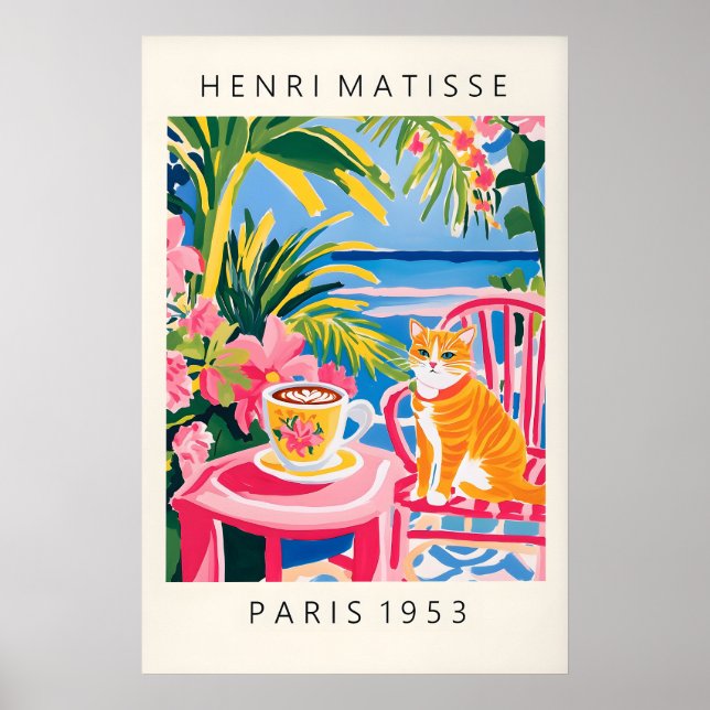 Ginger Tabby Cat Art Print Matisse Style Coffee (Front)