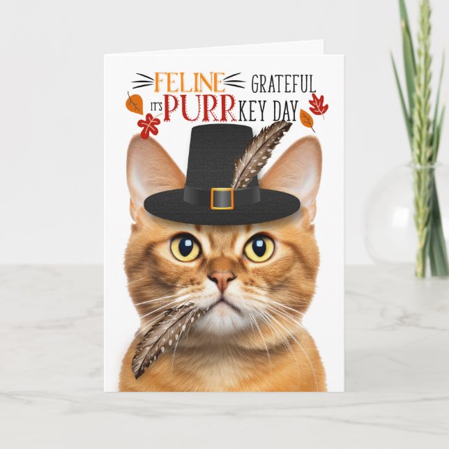 Ginger Tabby Cat Grateful for PURRkey Day Holiday Card (Front)