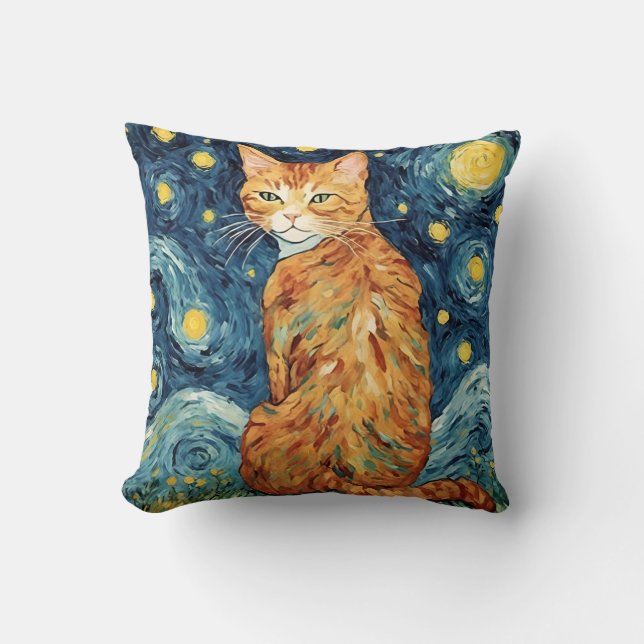 Ginger Tabby Cat in the Starry Night Throw Pillow (Front)