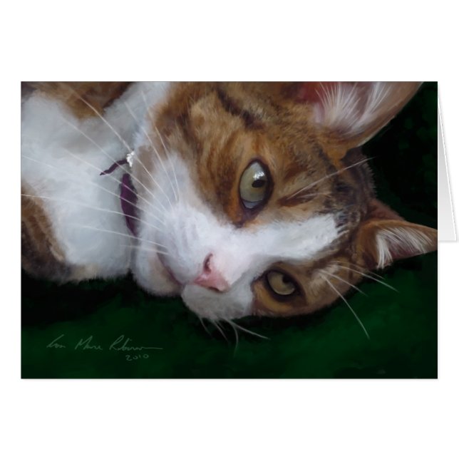 Ginger Tabby Cat on Green - Cat Art Blank Card (Front Horizontal)