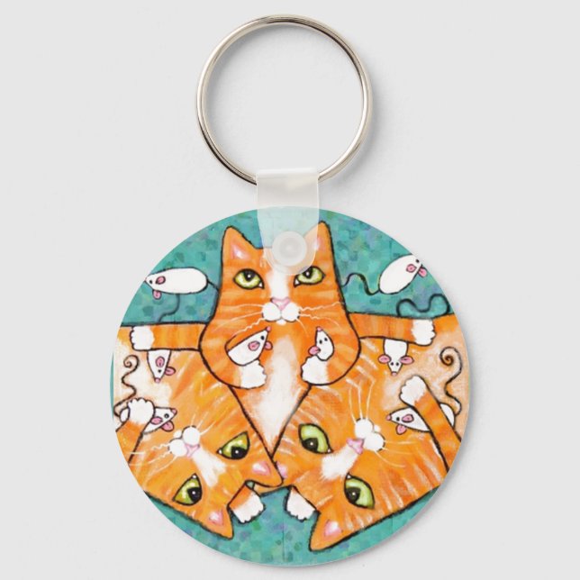 Ginger Tabby Cats With Toys Keychain (Front)