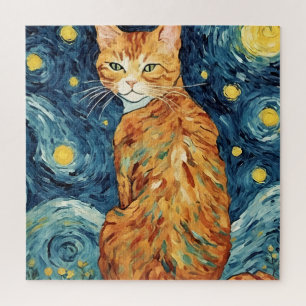 Ginger Tabby Feline in a Starry Night Jigsaw Puzzle